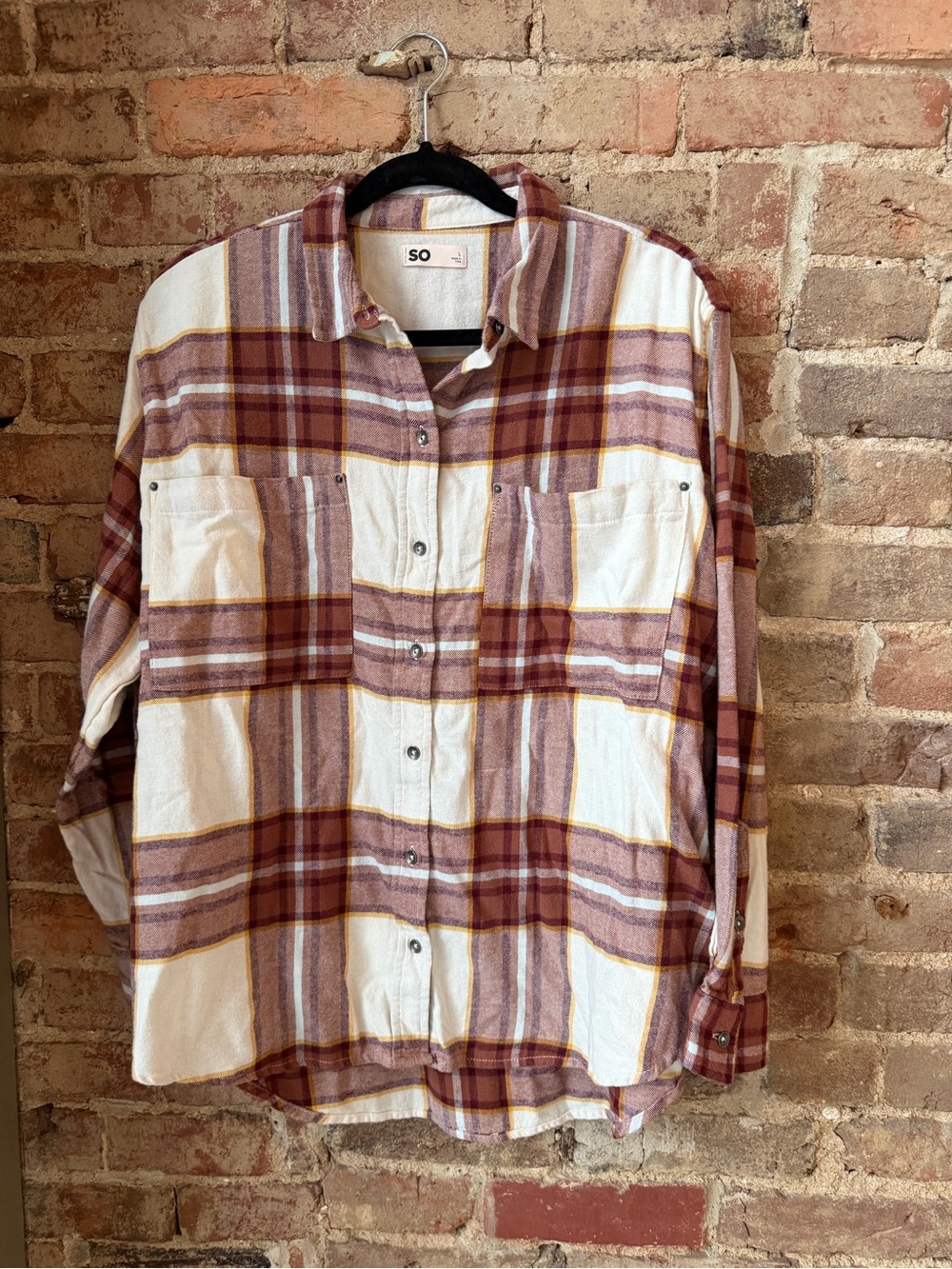SO Women’s Long Sleeve Button Up Plaid Shirt Size Large